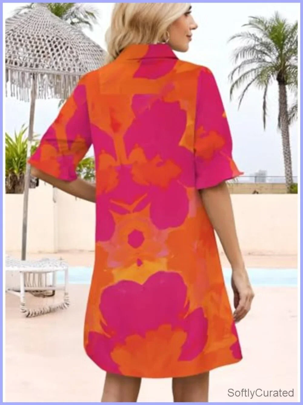 Flowy Shift Dress with Pockets, Button V Neck, Ruffle Short Sleeve, Casual